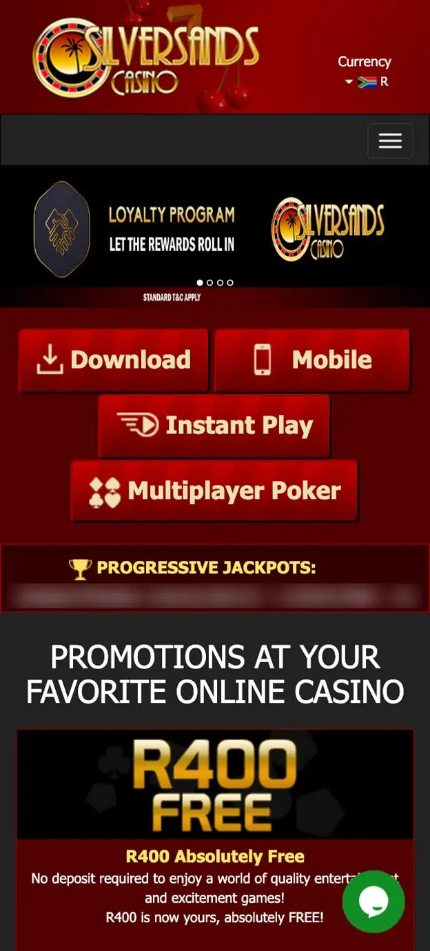 SilverSands Casino Homepage Mobile Device View