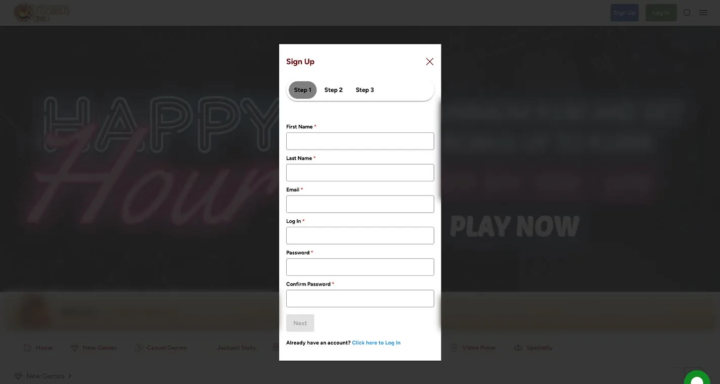 SilverSands Casino Registration Form Step 1 Desktop Device View