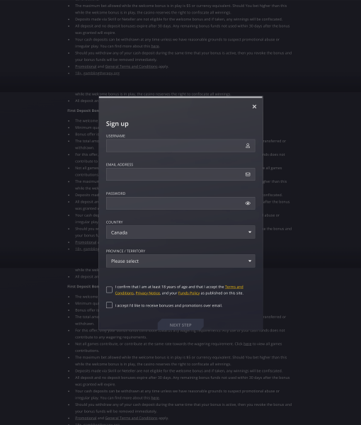 21Casino Registration Form Step 2 Desktop Device View