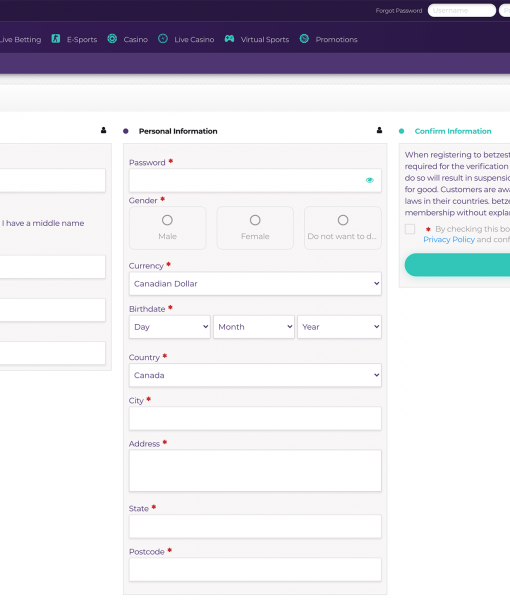 Betzest Registration Desktop Device View 