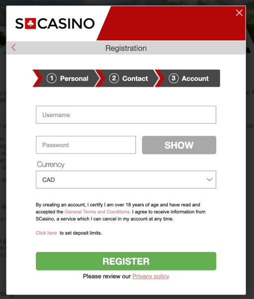 SCasino Registration Form Step 3 Desktop Device View