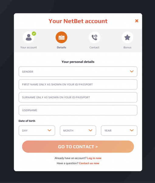 Netbet Registration Form Step 2 Desktop Device View