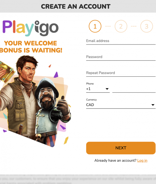 Playigo Registration Form Step 1 Desktop Device View