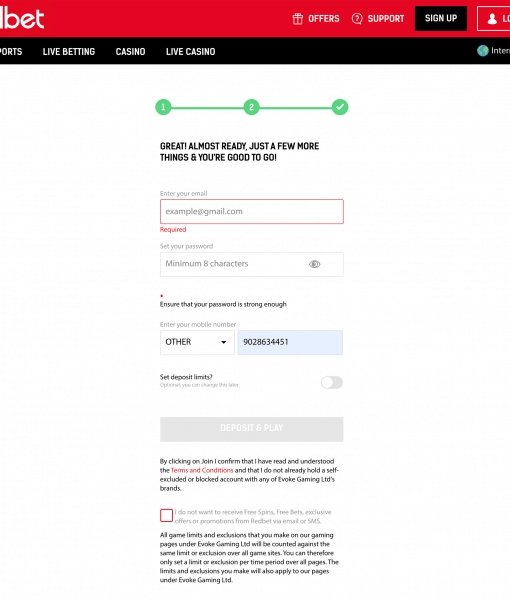 RedBet Registration Form Step 3 Desktop Device View