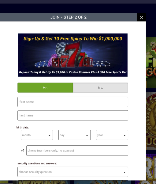 VIPcasino Registration Form Step 2 Desktop Device View