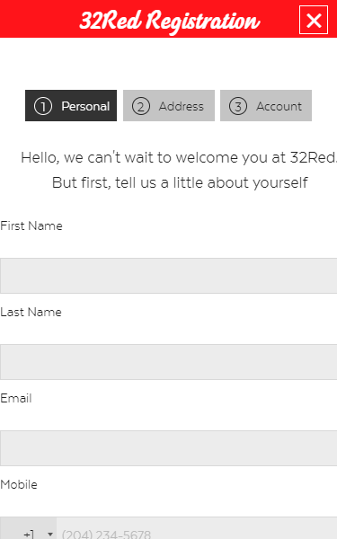 32Red Registration Form Step 1 Mobile Device View