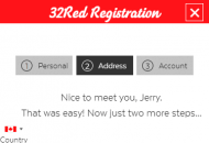 32Red Registration Form Step 2 Mobile Device View