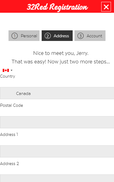 32Red Registration Form Step 2 Mobile Device View