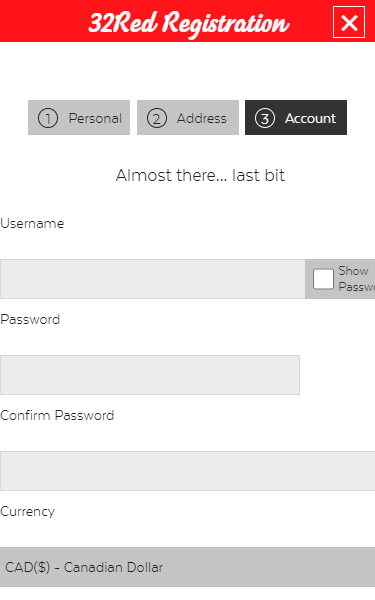 32Red Registration Form Step 3 Mobile Device View