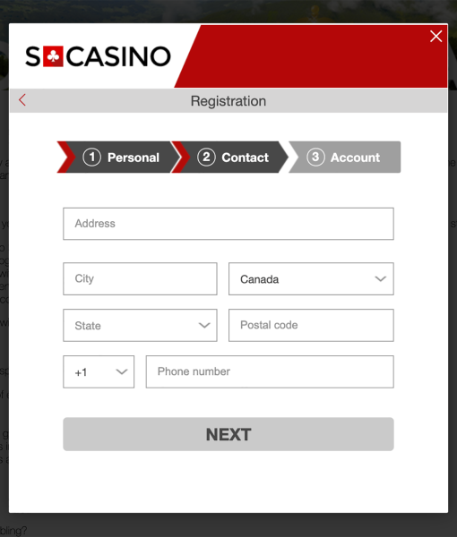 SCasino Registration Form Step 2 Desktop Device View