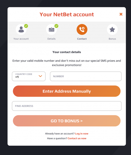 Netbet Registration Form Step 3 Desktop Device View