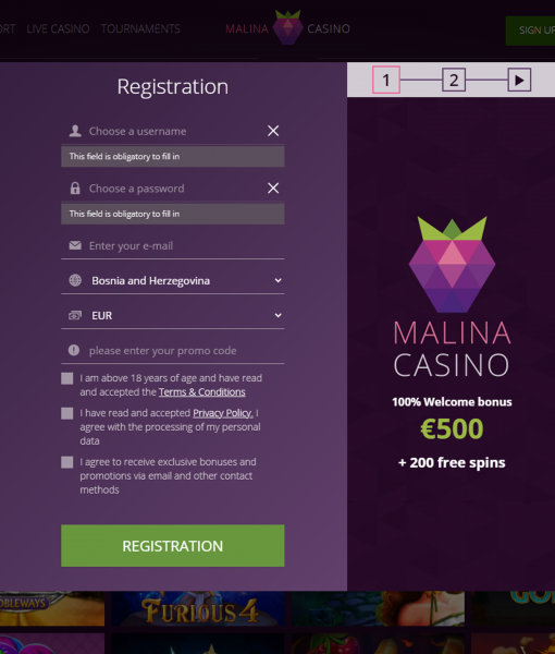 MalinaCasino Registration Form Step 1 Desktop Device View