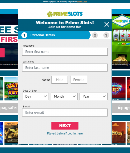 Primeslots Registration Form Step 1 Desktop Device View