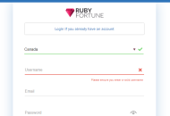 RubyFortune Registration Form Step 1 Desktop Device View