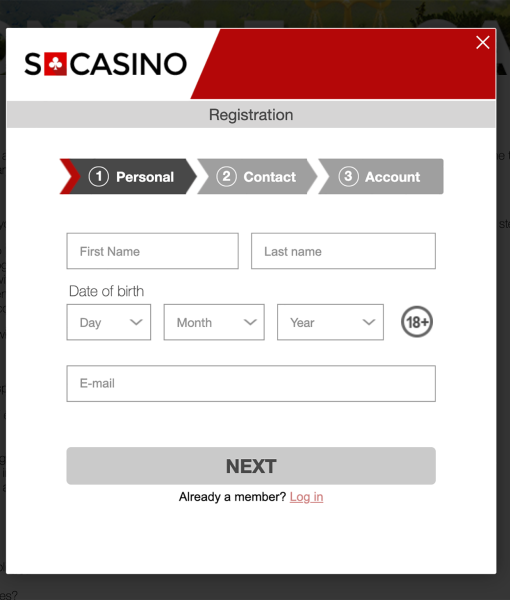 SCasino Registration Form Step 1 Desktop Device View