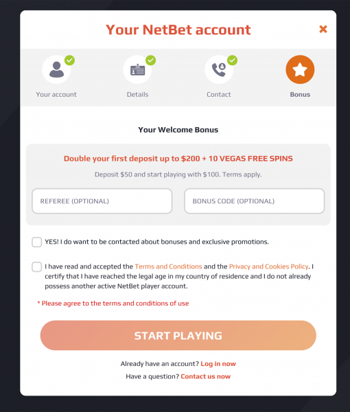 Netbet Registration Form Step 4 Desktop Device View