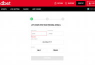 RedBet Registration Form Step 1 Desktop Device View