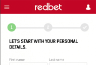 RedBet Registration Form Step 1 Mobile Device View
