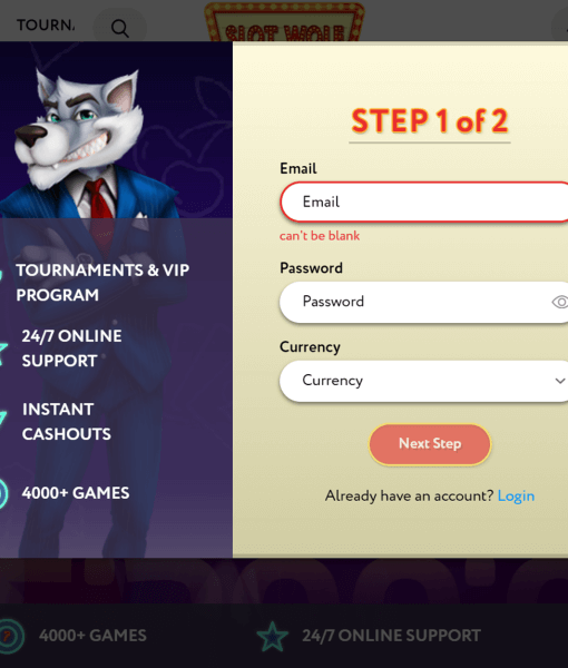 SlotWolf Registration Form Step 1 Desktop Device View