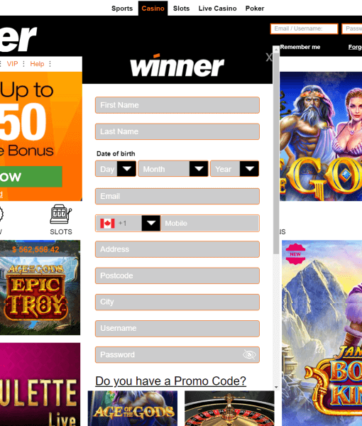 WinnerCasino Registration Form Step 1 Desktop Device View