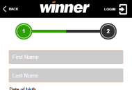 WinnerCasino Registration Form Step 1 Mobile Device View