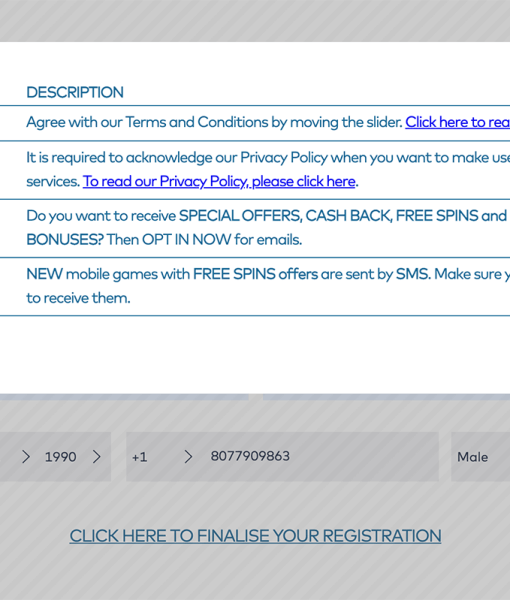 YetiCasino Registration Form Step 3 Desktop Device View