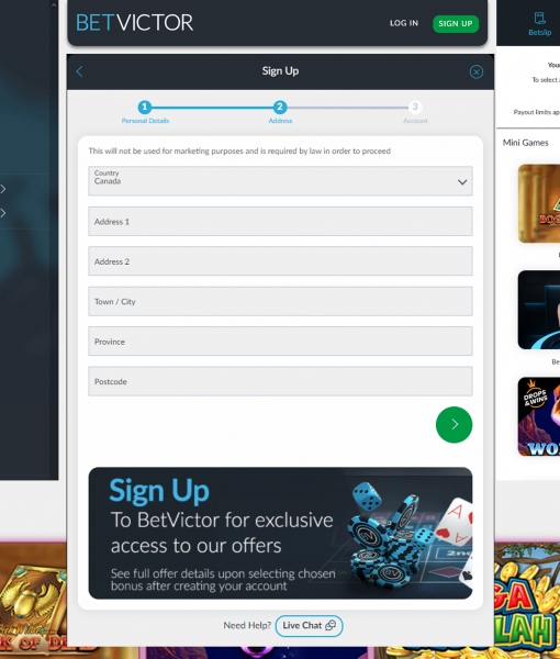 BetVictor Registration Form Step 2 Desktop Device View