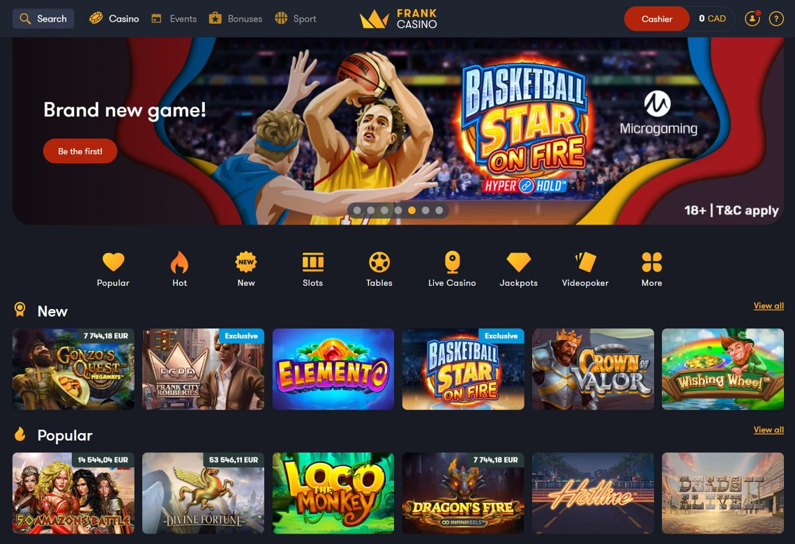 FrankCasino Homepage Desktop Device View 