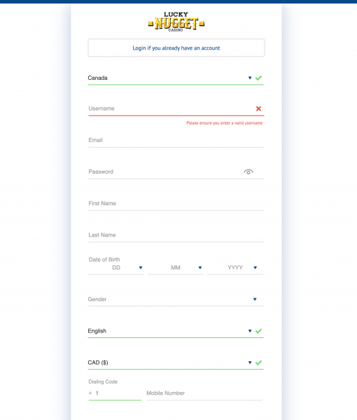 LuckyNugget Registration Form Desktop Device View