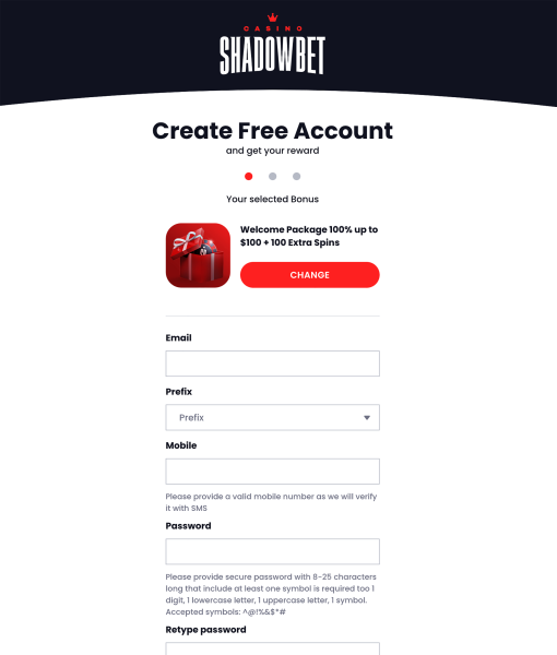 Shadowbet Registration Form Step 1 Desktop Device View