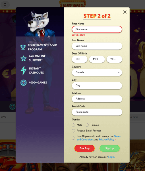 SlotWolf Registration Form Step 2 Desktop Device View