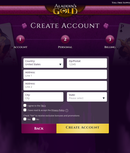 Alladins Gold Registration Form Step 3 Desktop Device View