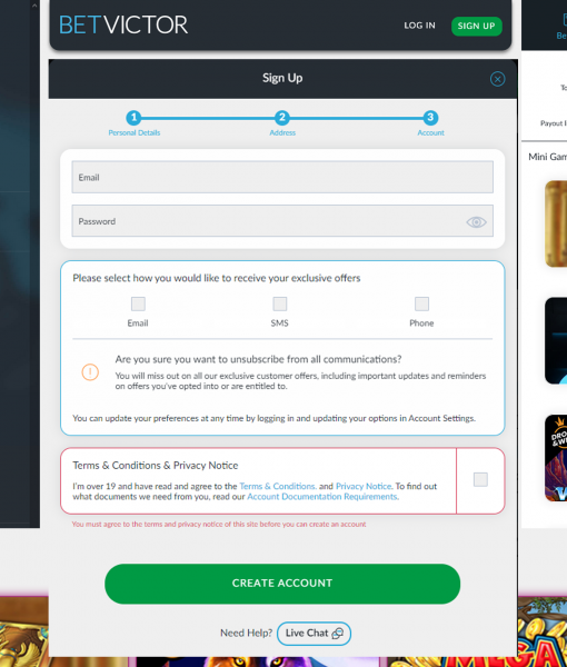 BetVictor Registration Form Step 3 Desktop Device View