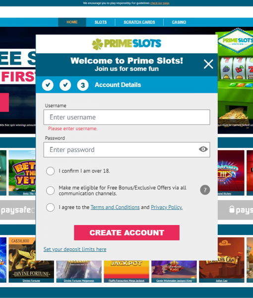 Primeslots Registration Form Step 3 Desktop Device View