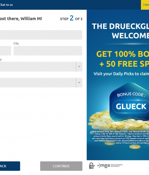 DrueckGlueck Registration Form Step 2 Desktop Device View 