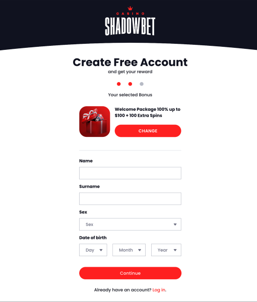 Shadowbet Registration Form Step 2 Desktop Device View