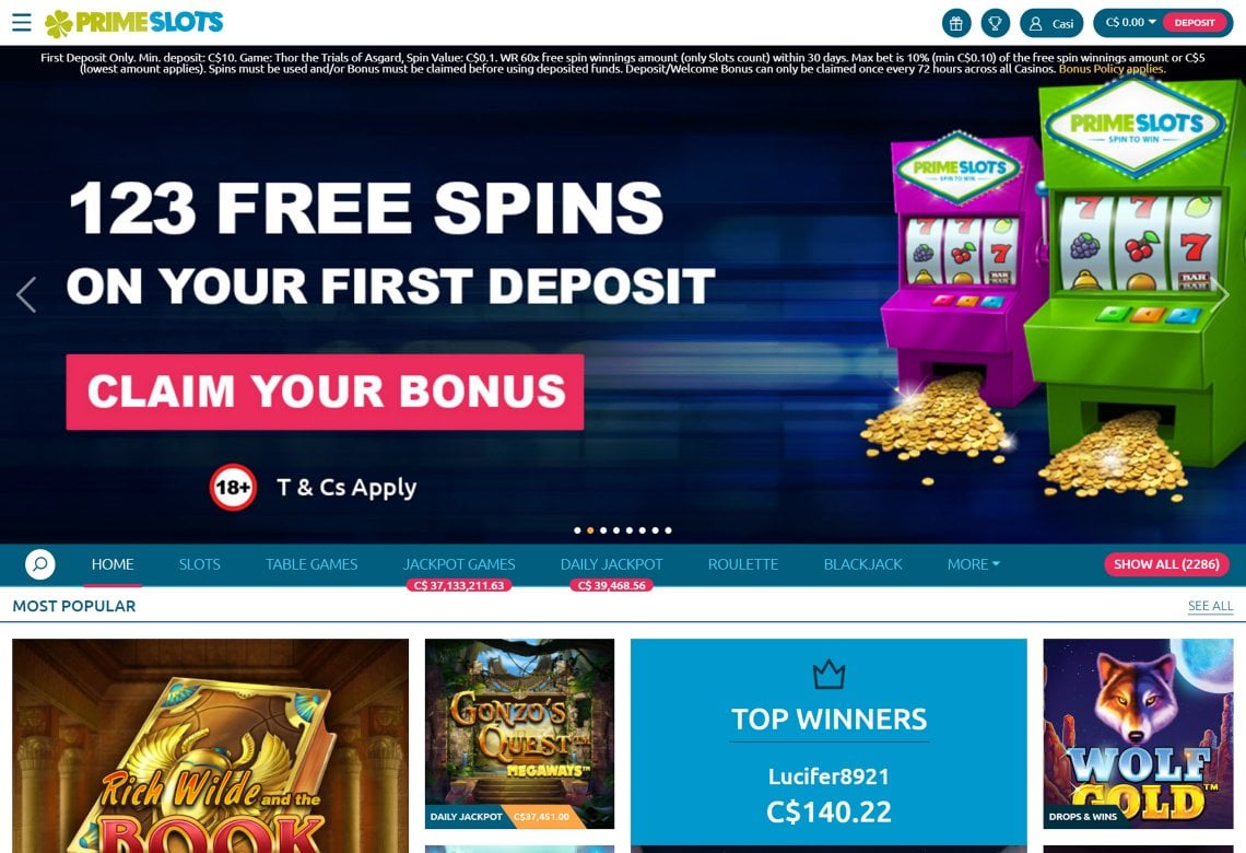 Primeslots Homepage Desktop Device View