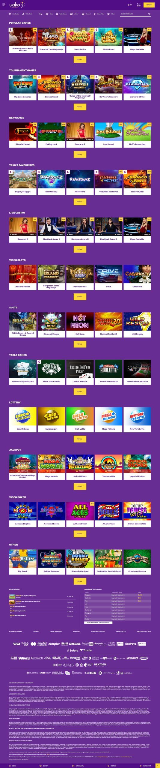 YakoCasino Homepage 3 Desktop Device View