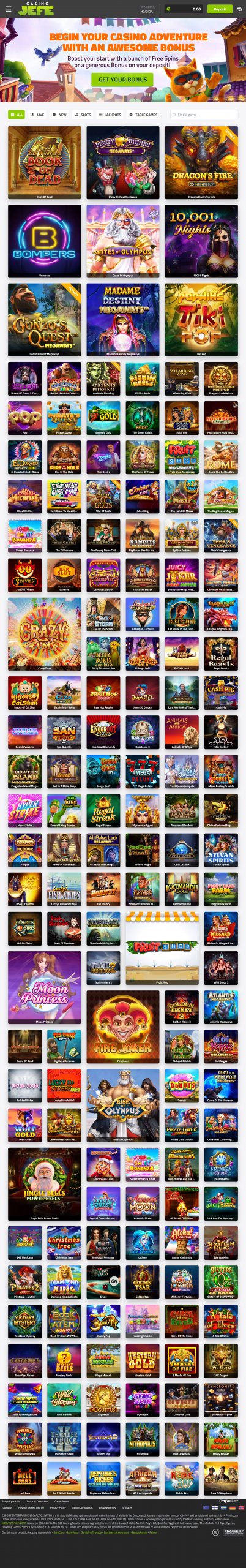 CasinoJeffe Homepage Desktop Device View