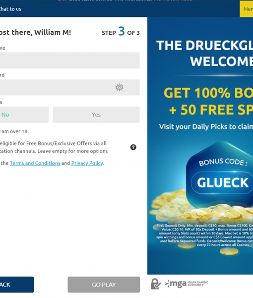 DrueckGlueck Registration Form Step 3 Desktop Device View 