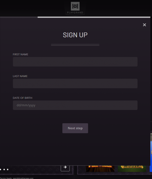 PlayGrand Registration Form Step 2 Desktop Device View