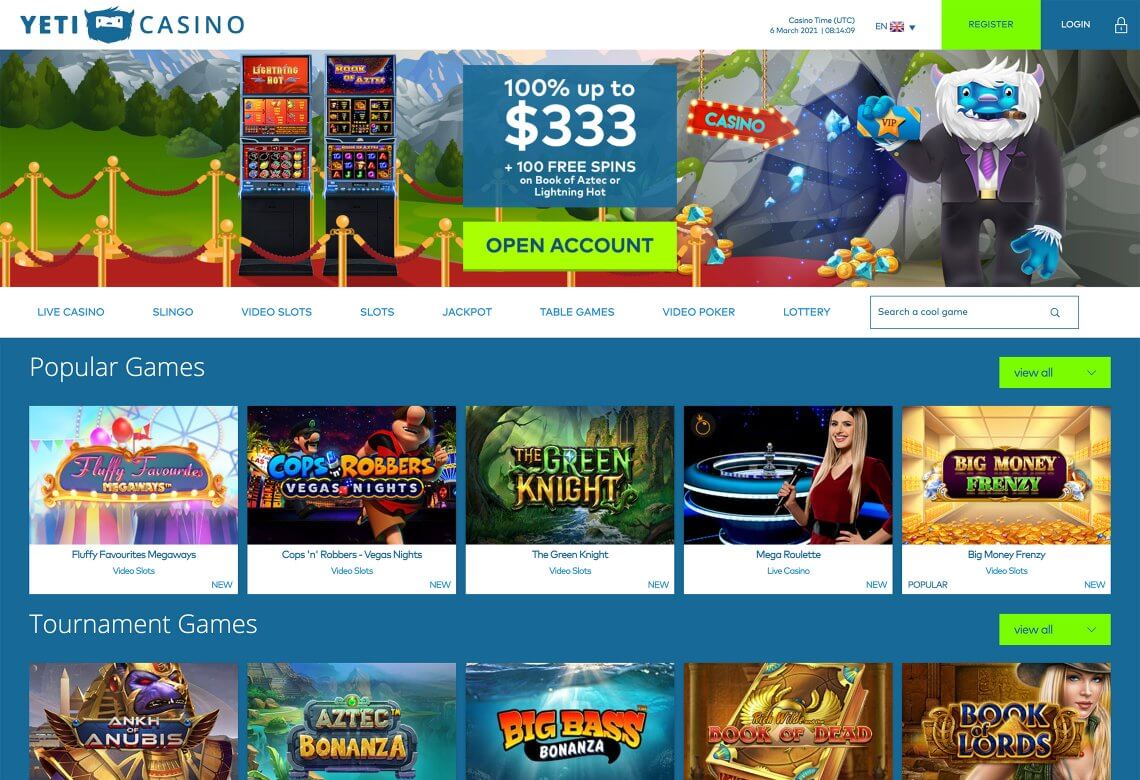 YetiCasino Homepage Desktop Device View