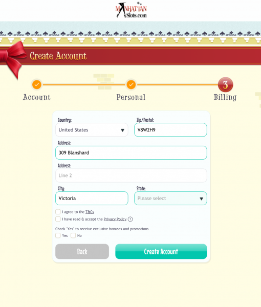 Manhattanslots Registration Form Step 3 Desktop Device View