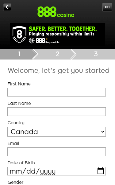 888 Registration Form Step 1 Mobile Device View