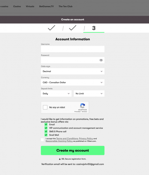 10bet Registration Process Step 3 Desktop Device View