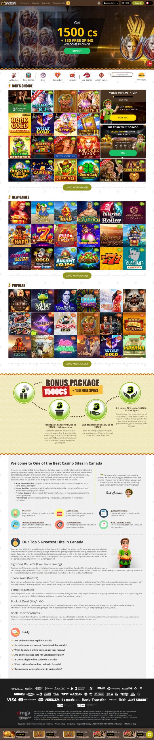 Bobcasino Homepage Desktop Device View
