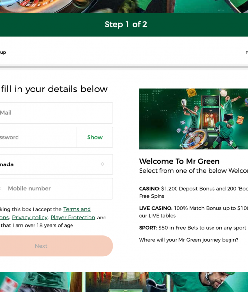 Mr.Green Registration Form Step 1 Desktop Device View