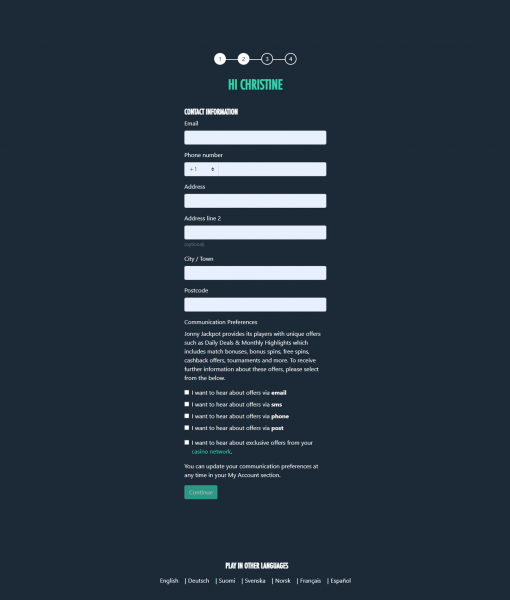 JonnyJackpot Registration Form Step 2 Desktop Device View