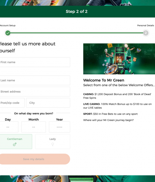 Mr.Green Registration Form Step 2 Desktop Device View