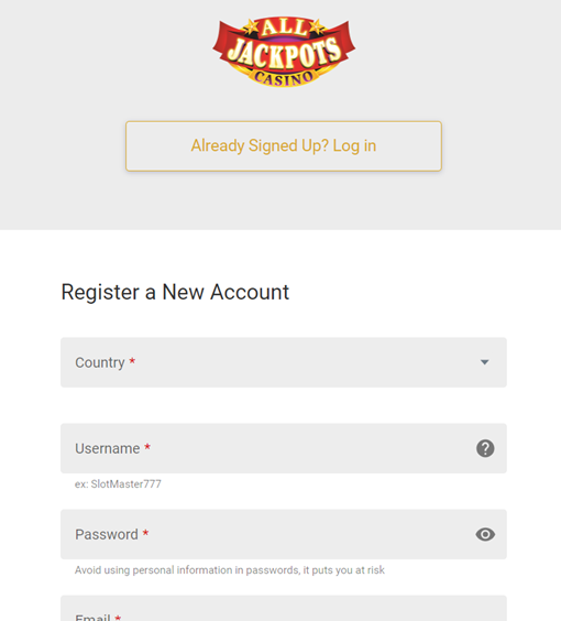 All Jackpots Registration Desktop